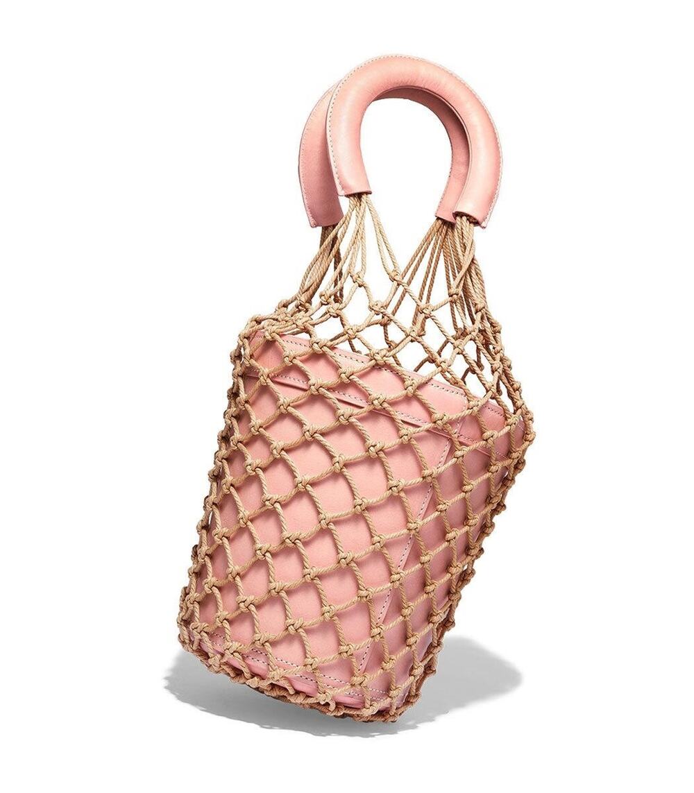 STAUD Moreau macrame and leather Net bucket bag pink